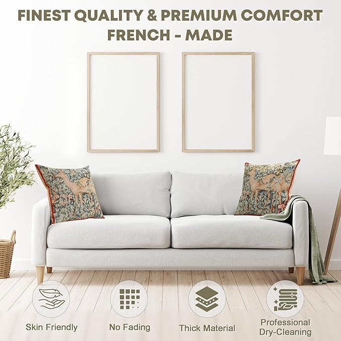 Charlotte Home Furnishings Decorative Tapestry Pillow Cover 19x19 in, Green Does Couch Throw Pillow Cover, French Country Square Cushion Cases for Living Room Home Decor, Soft Cotton Jacquard Woven-Ruum Studio Home