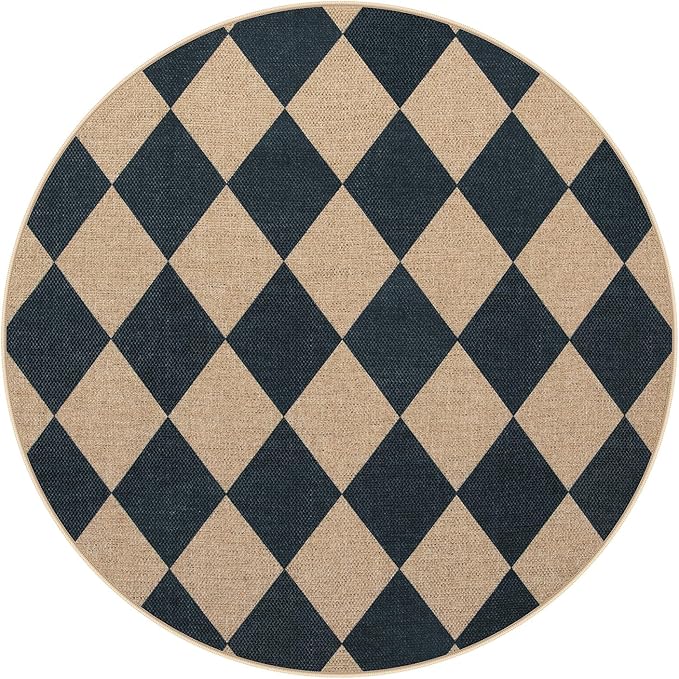 Lahome Checkered Round Entryway Rug 4ft, Circle Indoor Outdoor Patio Rug Washable Farmhouse Easy Jute Kitchen Rugs, Contemporary Non Slip Round Carpet for Bedroom Front Porch-Ruum Studio Home