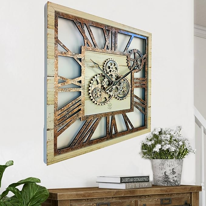 The Gears Clock 24'' Inch Square Real Moving Gear Wall Clock Vintage Industrial Oversized Rustic Farmhouse (Desert Beige)-Ruum Studio Home