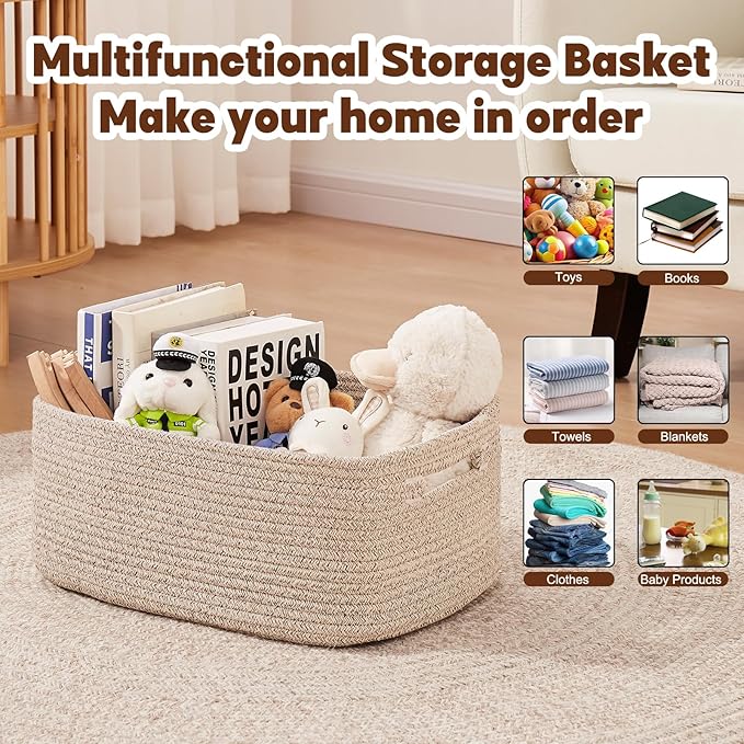 OIAHOMY Storage Basket for Shelves, Closet Cube Storage Bins Baskets for Clothes Blanket Towels, Baby Nursery, Toy Box, Woven Rope Basket, 15.75*11.81*7.09 IN, 2 Packs Brown-Ruum Studio Home