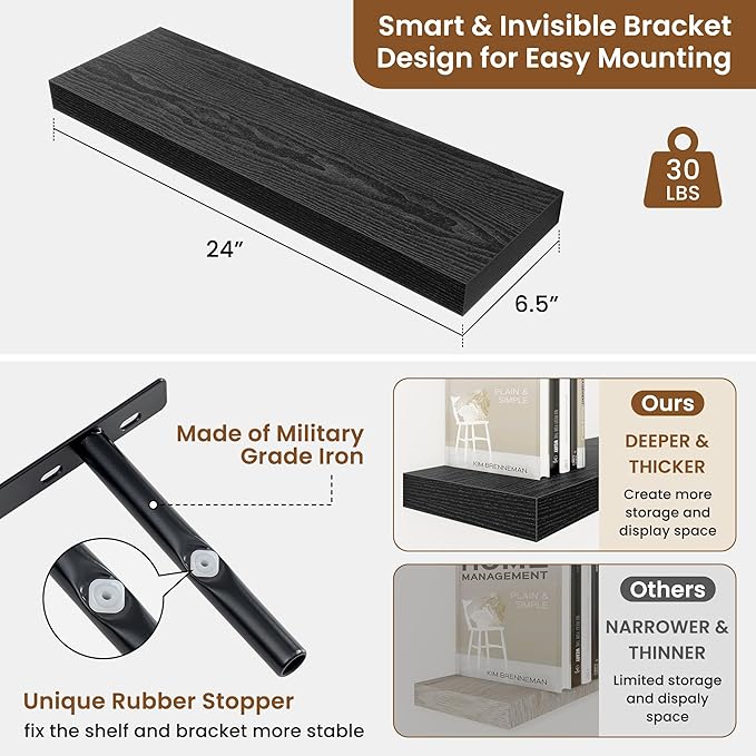 fuqing Floating Shelves for Wall, Bathroom Shelf Wall Mounted for Storage, Shelves with Invisible Bracket for Bedroom, Kitchen, Living Room, Farmhouse Small Book Shelf, 24 Inch Set of 2, Black-Ruum Studio Home