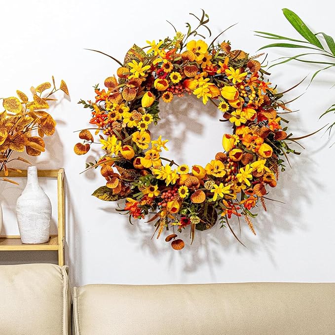22 Inches Fall Wreaths for Front Door Rustic Autumn Wreath Farmhouse Fall Floral Wreaths with Tulips Orange Wildflowers for Wall Window Porch Indoor Outside-Ruum Studio Home