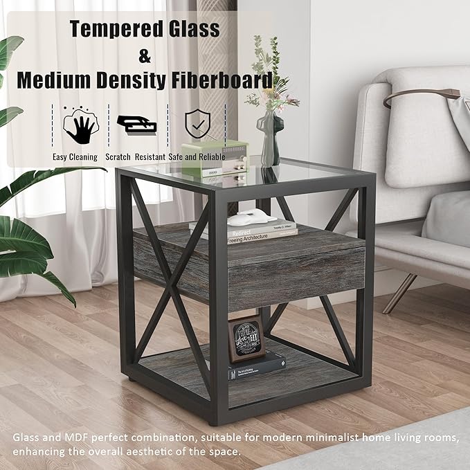 Farmhouse End Table, Modern Side Table with Drawer&3-Tier Storage Shelf, Square Rustic Nightstand, Accent Tea Table, for Bedroom Office Living Room, Grey, Natural Wood, Glass, Metal-Ruum Studio Home