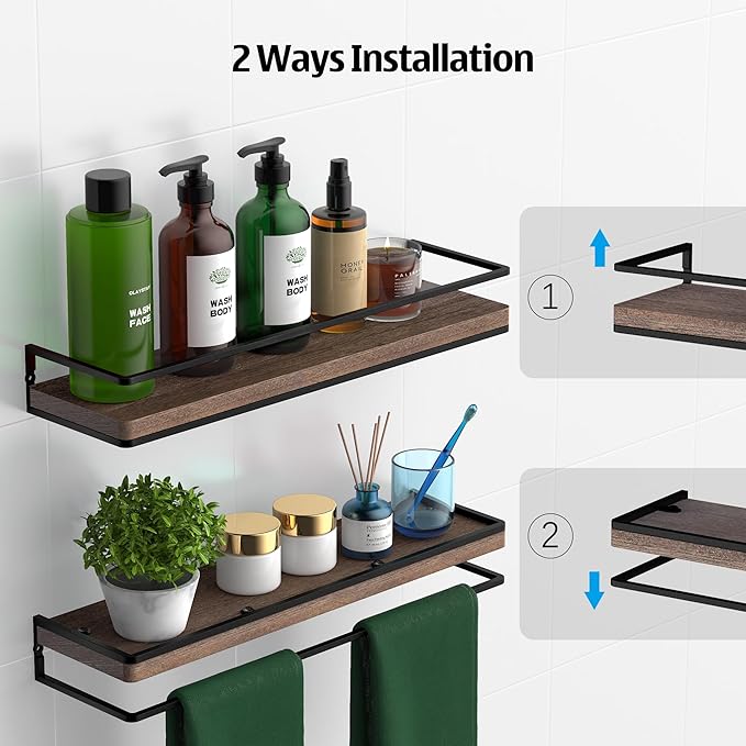 Meangood Floating Shelves Wall Mounted Set of 2, Rustic Wood Wall Storage Shelves for Bedroom,Living Room,Bathroom, Kitchen Brown-Ruum Studio Home