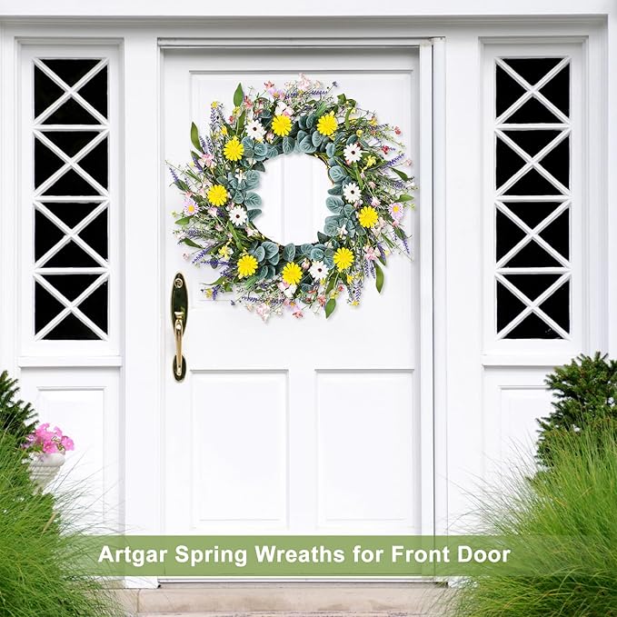 Artgar Spring Wreaths for Front Door, 24 Inch Daisy Wreath, Artificial Spring Summer Wreath with Eucalyptus Leaves Paper Flowers for Indoor Outdoor Home Door Window Wall Wedding Decor-Ruum Studio Home