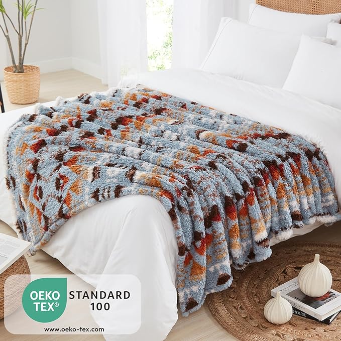 CASAAGUSTO Boho Sherpa Throw Blanket, Aztec Throw Blanket, Ultra Soft, Warm, Cozy, Plush, Thick Fleece Bohemian Blanket for Couch, Bed, Sofa (Blue Grey 50 * 60 Inch)-Ruum Studio Home