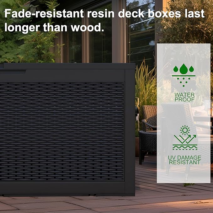 100 Gallon Outdoor Deck Box,Storage Lockable Waterproof Patio Furniture,Garden Tools,Cushions,Pool Accessories Outside Storage Resin Box(Black)-Ruum Studio Home