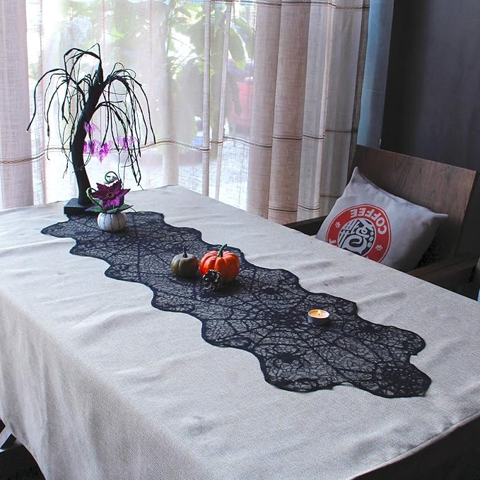 Lulu Home Halloween Fireplace Decorations, Fireplace Mantle Scarf Cover and Table Cloth, Black Lace Spider Web for Table, Door, Window and Fireplace Decoration, Halloween Decoration-Ruum Studio Home