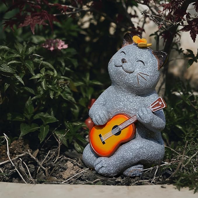 Cat Garden Statue Outdoor Decor, Cat Sculpture with Guitar and Butterfly for Yard Lawn Patio Balcony, Birthday Housewarming Gifts for Mom, Grandma, Women, 8.8 inch, Resin-Ruum Studio Home