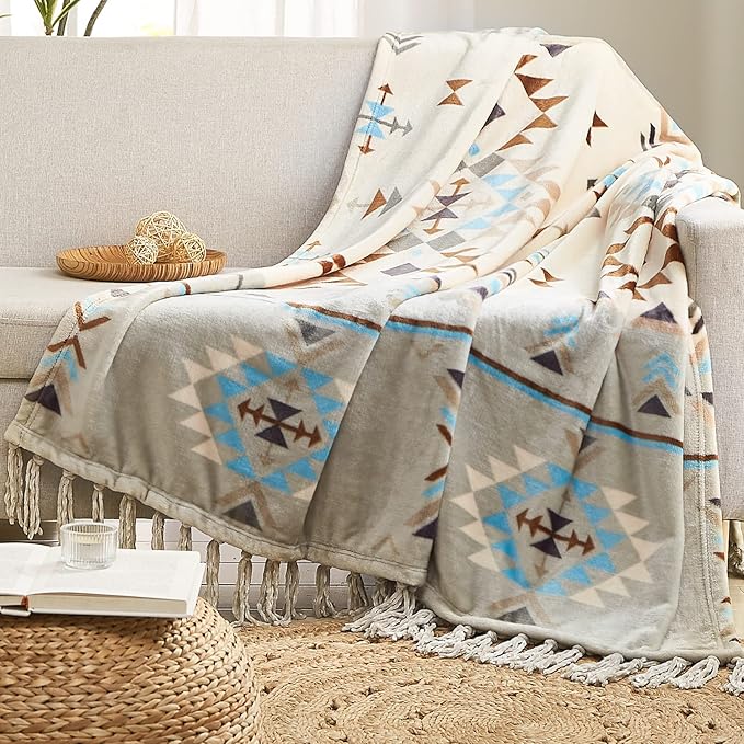 CASAAGUSTO Boho Throw Blanket - Green and Beige Decorative Blankets with Tassel, Printed Flannel Bohemian Blanket for Chair, Bed, Sofa, Couch(50 * 60, Green and Beige)-Ruum Studio Home