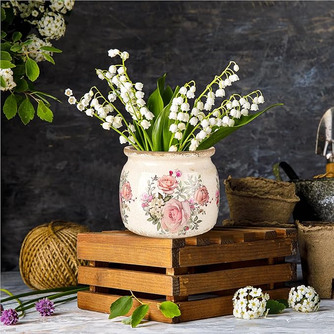 Vintage Planter Large Ceramic Plants Pot Beige Pink European Rose Ice Crack Cottage Scroll Vase Flower Vase Pot Indoor Plants Home Kitchen Decor Farmhouse Antique Decorative Gifts-Ruum Studio Home