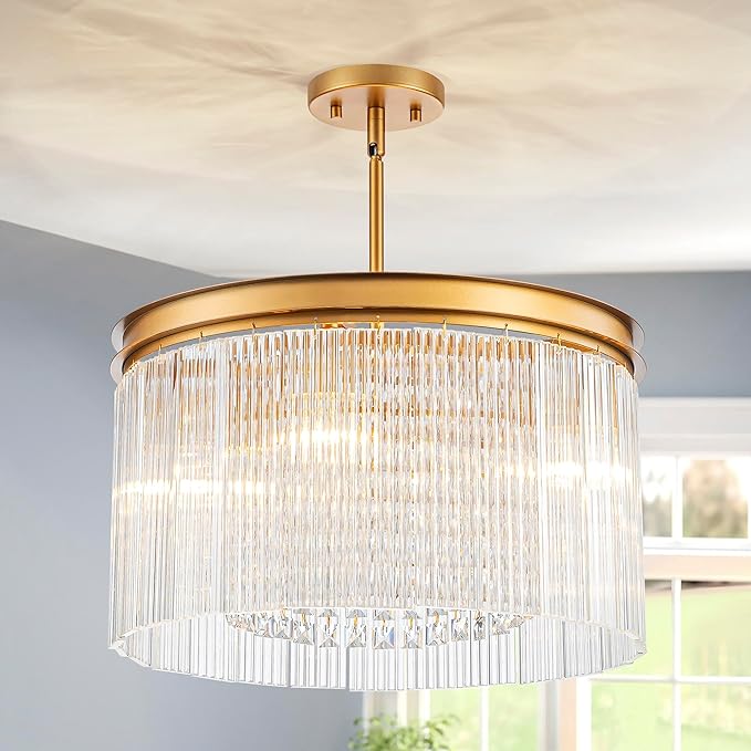 4-Lights Drum Glass Chandelier, Modern Style Light Fixture for Dining Room, Bedroom, Ripple Glass Shade & Brass Finish, D16.5 * H18~48 inch (Adjustable Height)-Ruum Studio Home