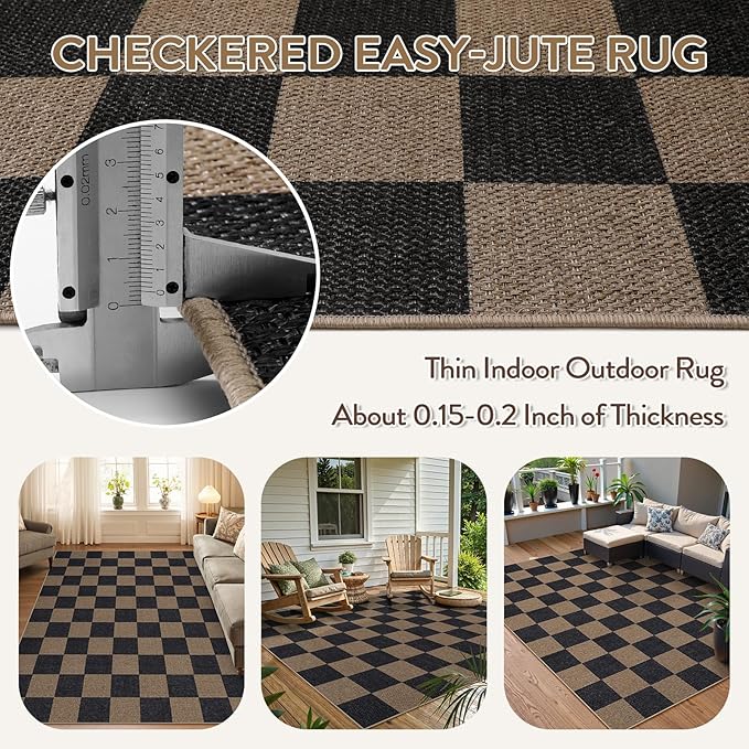Lahome Checkered Easy Jute Living Room Rugs, 5x7 Black Dining Room Office Rug Farmhouse Washable Carpet, Checkerboard Neutral Non Slip Indoor Outdoor Carpet for Bedroom Entry Patio-Ruum Studio Home