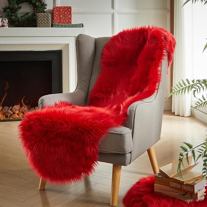 AMTOVO Faux Sheepskin Rug, Red Ultra Soft Fluffy Shag Area Rug, 2 x 6 ft Faux Fur Rug for Bedroom Sofa Throw Cushion Room Decor, Sheepskin-Ruum Studio Home