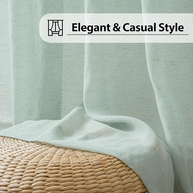 FMFUNCTEX Linen Sheer Curtains for Bedroom, Sage Green Curtains 96 inches Long for Living Room, Farmhouse French Flax Blend Window Draperies, Rod Pocket 2 Panels Set-Ruum Studio Home