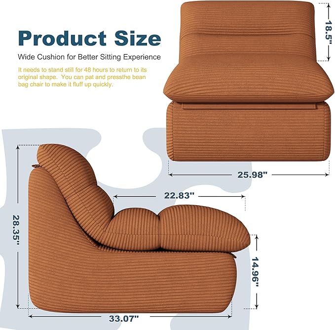 Misolant Bean Bag Chairs，Big Corduroy Fabric Sofa Bean Bag Chair for Adults and Teens with High-Resilience Sponge, Non-Slip Base Floor Lounge Sofa for Home, Living Room, Bedroom, Gaming Brown-Ruum Studio Home