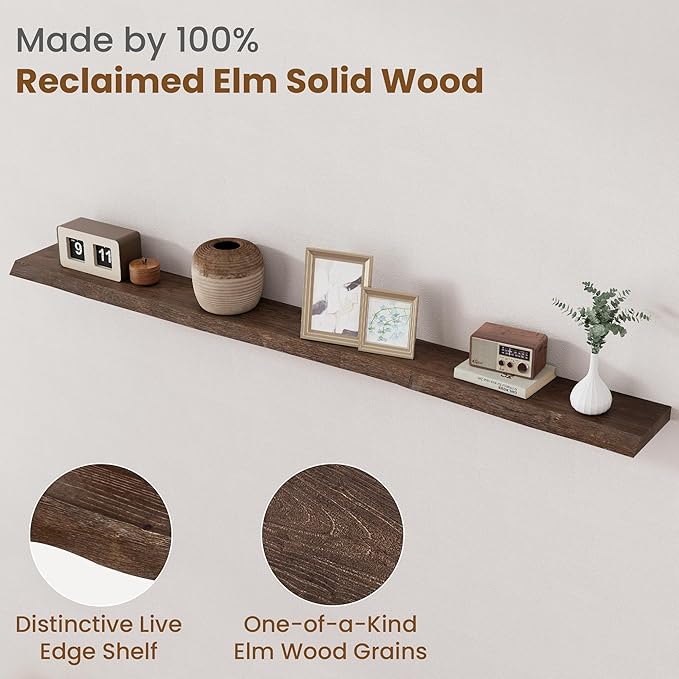 Floating Shelves for Wall Decor, Rustic Solid Elm Wood Floating Shelves Wall Mounted, Wall Shelves with Invisible Bracket for Living Room Bathroom Bedroom Kitchen, 72 Inch, Walnut-Ruum Studio Home