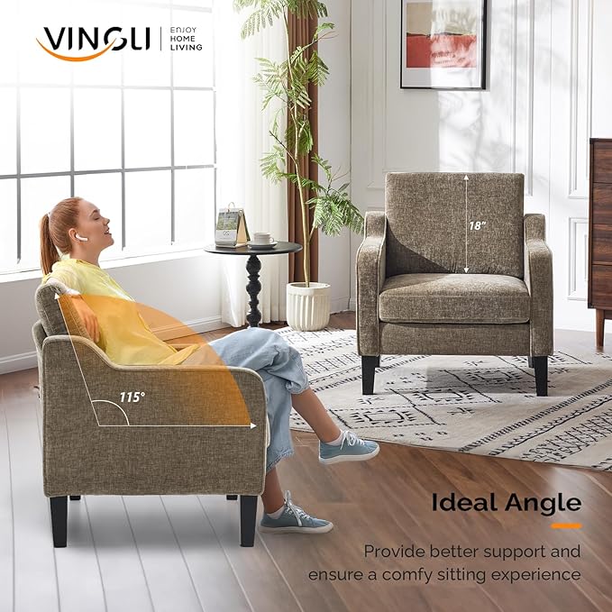 VINGLI Accent Chairs Set of 2 Living Room Chairs Light Brown Reading Chair for Bedroom Scooped Arm Chair Mid Century Modern Accent Chairs Upholstered Comfy Chair for Apartment, Waiting Room-Ruum Studio Home