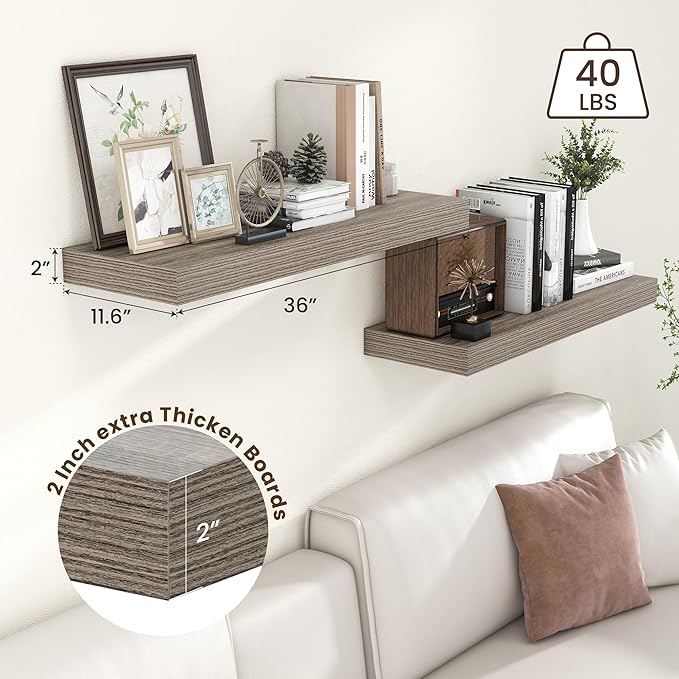 Deep Floating Shelves for Wall, 36W x 12D Rustic Large Floating Shelves Set of 2, 12'' Deep Grey Wood Floating Shelves for Living Room Bathroom Laundry Room Bedroom Kitchen Home Office - Grey-Ruum Studio Home