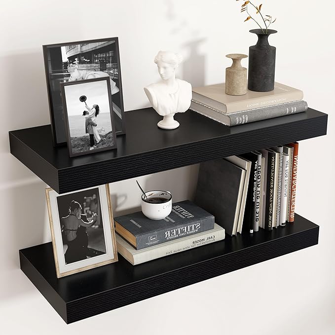 Floating Shelves - 2 Large Wall Mounted Shelves with Invisible Brackets, Long Wood Floating Wall Shelf for Living Room, Bedroom, Kitchen (Black, 24" W x 9" D x 1.5" H)-Ruum Studio Home