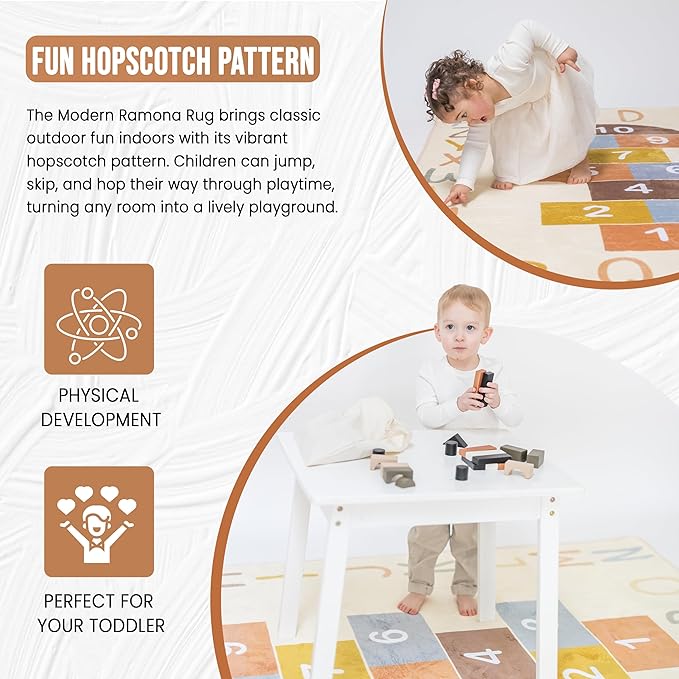 Washable Hopscotch Rug for Kids | Educational ABC & Numbers Carpet for Toddler Playroom or Classroom | 4.6' x 6.5' Non-Slip Play Mat | Neutral Decor-Ruum Studio Home