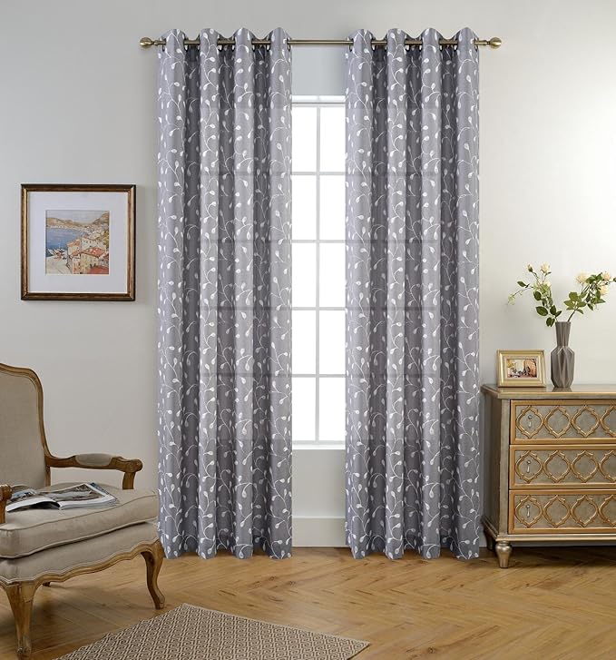 MIUCO Floral Embroidered Semi Sheer Curtains Linen Look Grommet Curtains for Living Room 52 x 84 Inch Set of 2, Grey-Ruum Studio Home