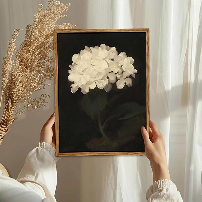 Framed Wall Art for Living Room – Vintage White Hydrangea Oil Painting Canvas Prints, Aesthetic Bedroom Wall Art, Kitchen Decor for Shelves, Bathroom Office Artwork Wall Decor – 12x16in-Ruum Studio Home