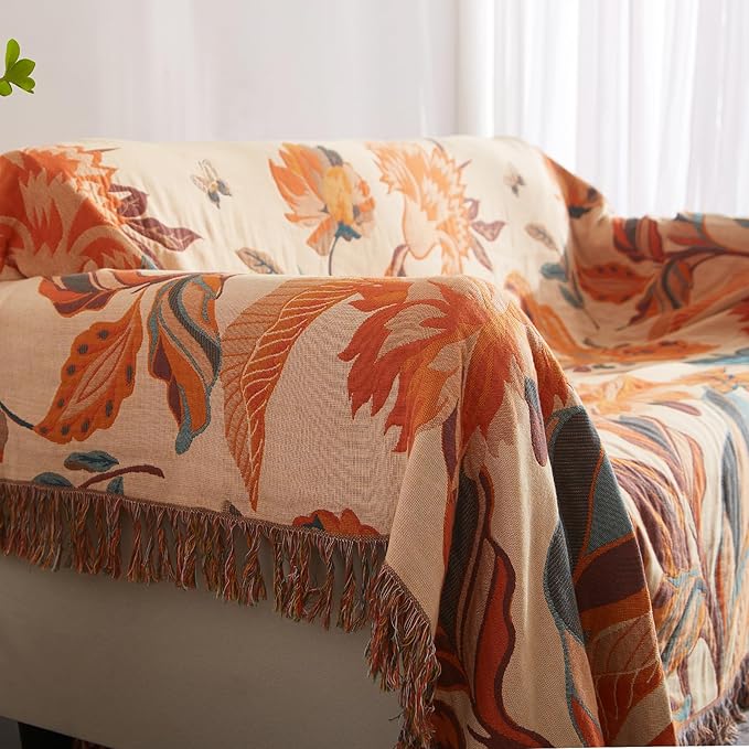 Boho Throw Blanket for Couch Sofa Bed, 100% Cotton Woven Quilt with Tassel 80”x90”, Super Soft Muslin Blanket with Floral Printed, Decorative Reversible Bed Blanket/Cover for All Seasons-Ruum Studio Home