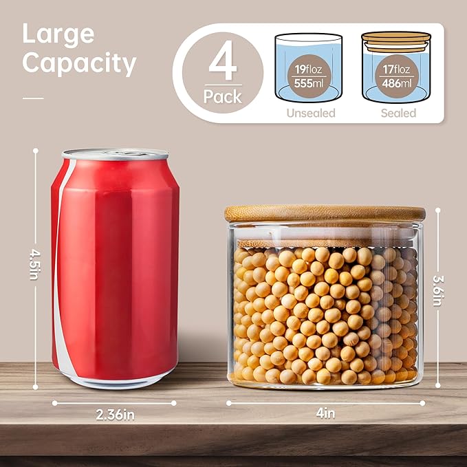 17oz - 4 Pack Glass Jars with Bamboo Lids, Glass Food Storage Containers with Airtight Lids, Air Tight Pantry Storage Containers for Coffee, Sugar, Spice, Meal Prep Jars for Salad & Fruit-Ruum Studio Home