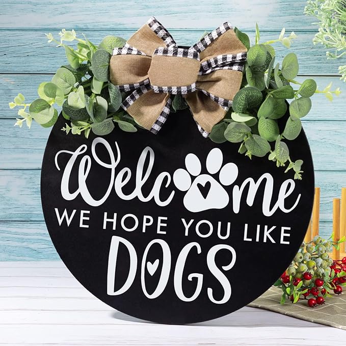 Welcome We Hope You Like Dogs Farmhouse Door Sign for Front Door Porch Decor with Eucalyptus Leaves & Buffalo Bow - Welcome Wreath Sign Hanging for Dogs Lovers Spring Summer Decor Housewarming Gift-Ruum Studio Home