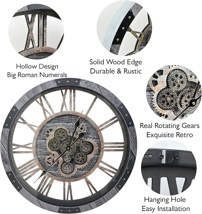 DORBOKER 24" Large Wall Clock with Moving Gears,Oversize Vintage Industrial Rustic Farmhouse Clocks for Living Room Decor Office Home,Solid Wood HD Tempered Glass Cover,Carbon Grey-Ruum Studio Home
