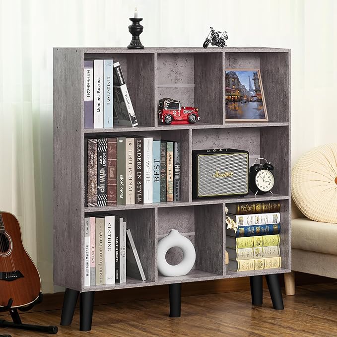 LEYAOYAO 8 Cube Bookshelf,Farmhouse Bookcase with Legs,Modern Dirty Grey Mid-Century Bookshelves,Large 3 Tier Open Storage Organizer Shelf, Retro Wood Display Book Case-Ruum Studio Home