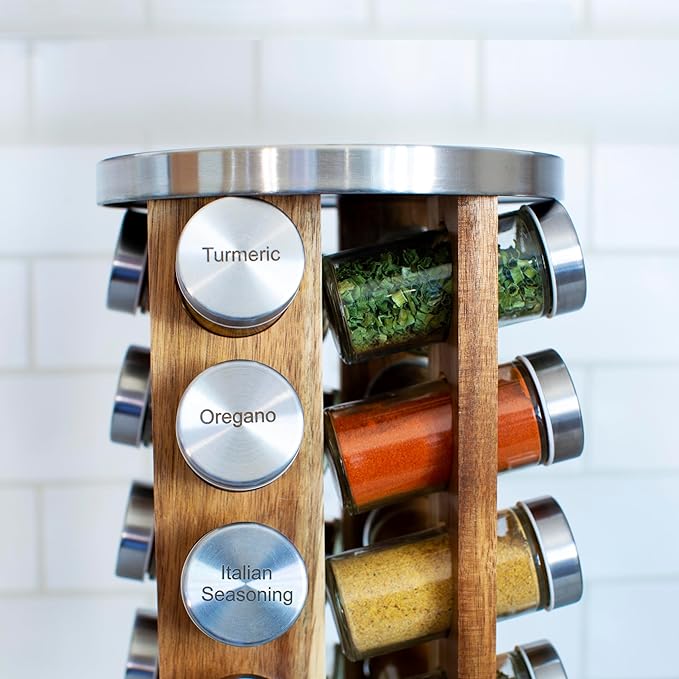 Orii 20 Jar Spice Rack with Spices Included - Tower Organizer for Kitchen Spices and Seasonings, (Natural Acacia Wood)-Ruum Studio Home
