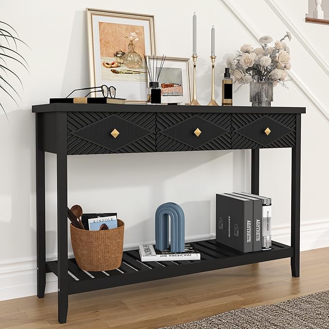 47" Console Table with 3 Drawers, Fluted Narrow Long Entryway Table with Storage Shelf, Accent Table for Entryway, Living Room, Behind Couch, Foyer, Hallway, Office-Ruum Studio Home