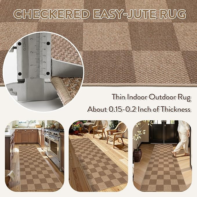 Lahome Checkered Easy Jute Kitchen Runner, 2x8 Washable Indoor Outdoor Runner Rug, Checkerboard Non Slip Non Shedding Neutral Carpet for Hallway Entryway Foyer-Ruum Studio Home