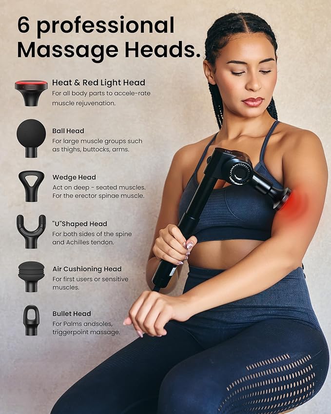 Massage Gun with Heat and Red Light Therapy,Deep Tissue Percussion Back Massager for Muscle/Neck/Body Pain Relief with Long Extension Retractable Handle,32-Speeds,Foldable,5 Adjustable-Ruum Studio Home