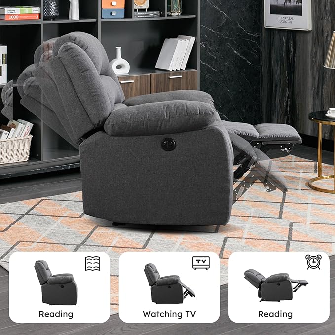 EBELLO Classic Power Recliner Chair, Oversized Electric Reclining Chair with Overstuffed Cushion and Back, Soft Fabric Adults Single Recliner Sofa for Living Room, Grey-Ruum Studio Home