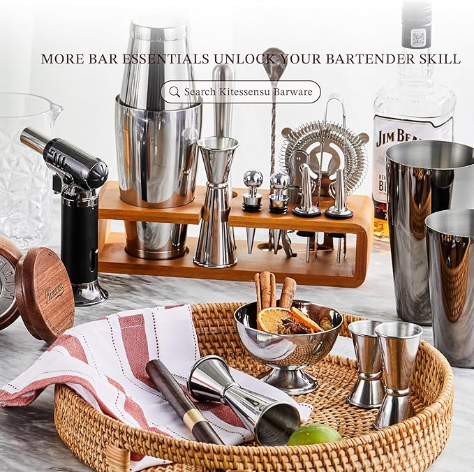 KITESSENSU Cocktail Shaker Set Bartender Kit with Stand | Bar Set Drink Mixer Set with All Essential Accessory Tools: Martini Shaker, Jigger, Strainer, Mixer Spoon, Muddler, Liquor Pourers |Silver-Ruum Studio Home