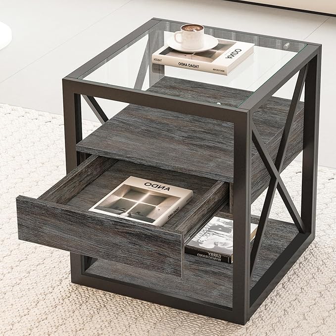 Farmhouse End Table, Modern Side Table with Drawer&3-Tier Storage Shelf, Square Rustic Nightstand, Accent Tea Table, for Bedroom Office Living Room, Grey, Natural Wood, Glass, Metal-Ruum Studio Home