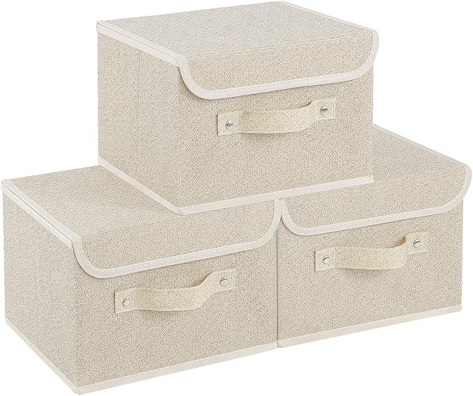 Fabric Storage Bins Cube Organizers with Flip-Top Lid and Handles,Storage Boxes for Organizing Home,Office,and Closet,Grey and Beige,3 Pack 10.2 X 7.9 X 6.7 in-Ruum Studio Home