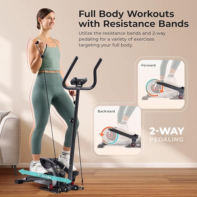 Sunny Health & Fitness 2-in-1 Sit/Stand Mini Elliptical Machine, Portable Under Desk Peddler Exerciser for Senior Home Workout, Optional Free Sunnyfit App Bluetooth Link, Handlebars or Resistance Band-Ruum Studio Home
