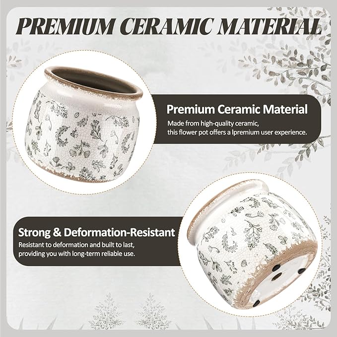 Vintage Planter Large Ceramic Plants Pot Green Leaves Crack Cottage Scroll Vase Flower Vase Pot Indoor Plants Home Kitchen Decor Farmhouse Antique Decorative Gift-Ruum Studio Home