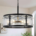 23.6" Large Farmhouse Drum Black Chandelier, 6-Light Vintage Round Glass Chandeliers for Dining Room, Industrial Light Fixture for Kitchen Living Room Stairwell, Clear Waterglass Drum Shade-Ruum Studio Home