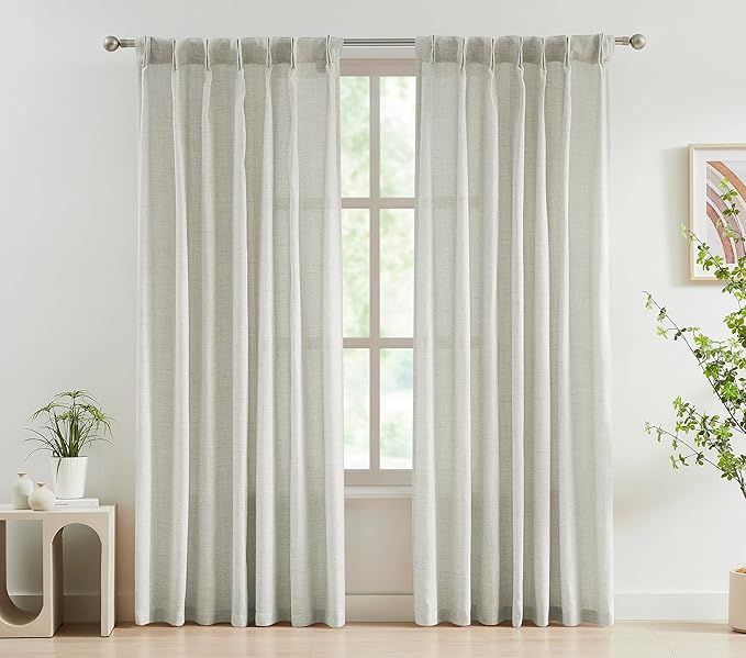 FMFUNCTEX Pinch Pleated Curtains 96 Inches Long for Living Room,Cream Beige Semi Sheer Faux Linen Textured Pleat Drapes for Bedroom with Hooks, Light Filtering Farmhouse Window Drapes 2 Panels-Ruum Studio Home