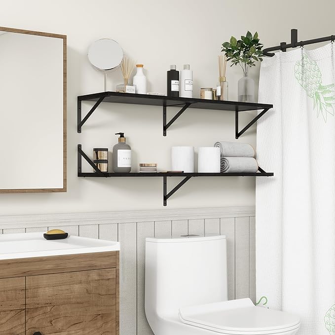 Fun Memories 40 Inch Floating Shelves, 10 Inch Deep Wall Shelf, 40 x 10 Floating Shelf Set of 2, Black Wood Floating Shelf Wall Mounted, Large Kitchen Living Room Bedroom Storage Shelves-Ruum Studio Home