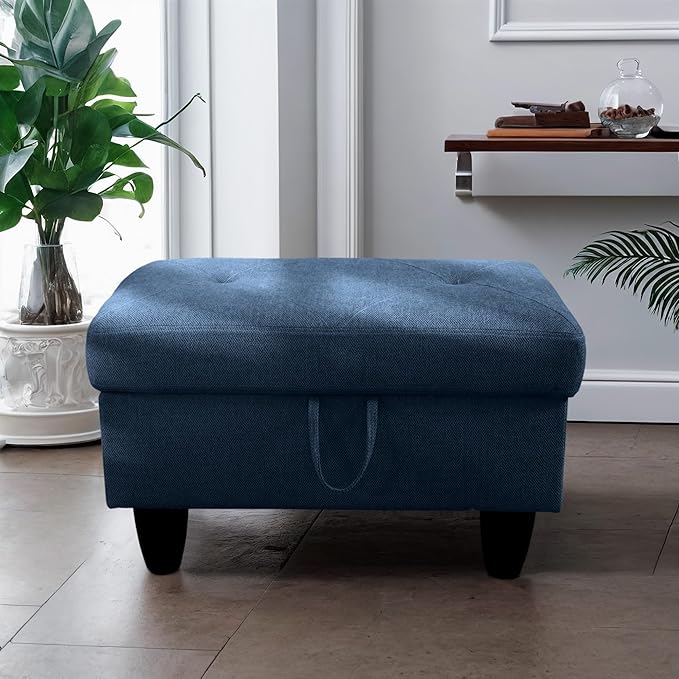 Ottoman Rectangular Storage Ottoman Bench, Flannel Footrest Stool Footstool with Lid for Living Room, Bedroom, Entryway, Blue, 28.5"x19"x17.5"-Ruum Studio Home