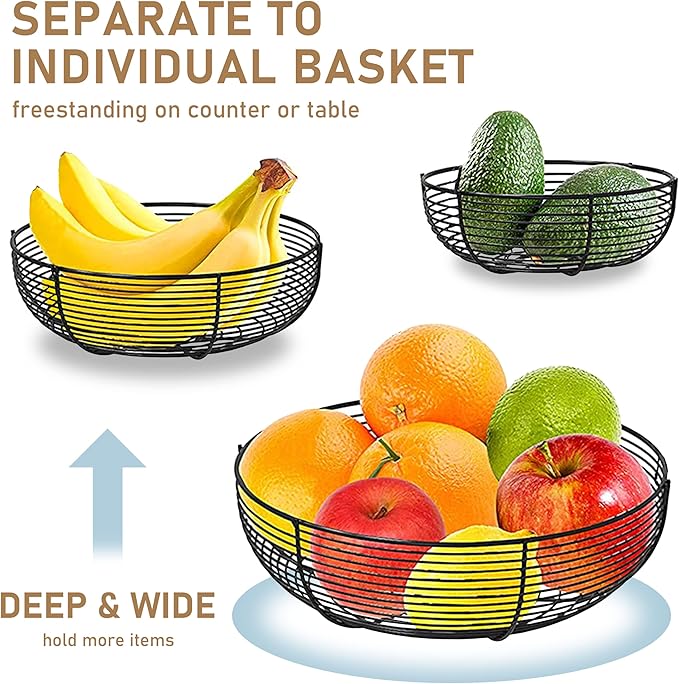 CAXXA 3-Tier Hanging Basket Fruit Organizer Kitchen Heavy Duty Wire Organizer with 2 Free Bonus Metal Ceiling Hooks, Black-Ruum Studio Home
