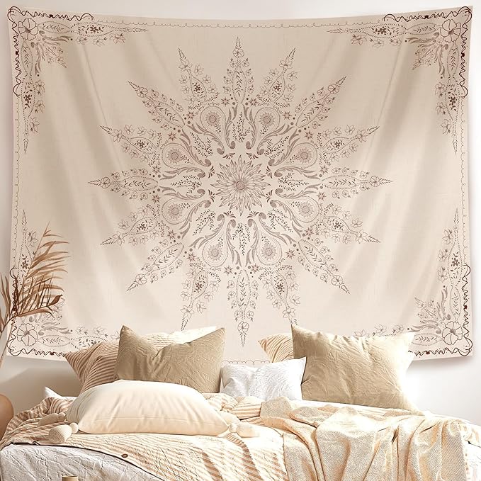 Damanse Floral Tapestry Wall Hanging Cute,Boho Wall Tapestry for Bedroom Aesthetic,Mandala Living Room Decor for Teen Girls (Flaxen, 70.9"x90.6")-Ruum Studio Home