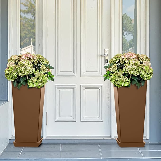 FENCY Set of 2 Tall Planters for Outdoor Plants, 24 Inch Large Tapered Pots with Drainage Trays, Weather-Resistant Plastic Plant Containers for Patio, Porch, Garden, Front Door Decor,Brown-Ruum Studio Home