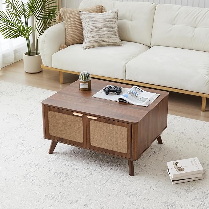 AVZEAR Lift Top Coffee Table with Storage, Mid Century Modern Coffee Table with Nature Linen Doors & Large Hidden Storage, Rounded Corners Center Table Farmhouse Coffee Tables for Living Room, Walnut-Ruum Studio Home